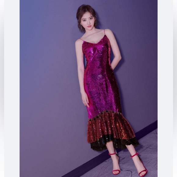 NWT SACHIN + BABI Hot Pink Purple Black  Sequin Ruffle Flounce Hem Midi Dress - Picture 2 of 8